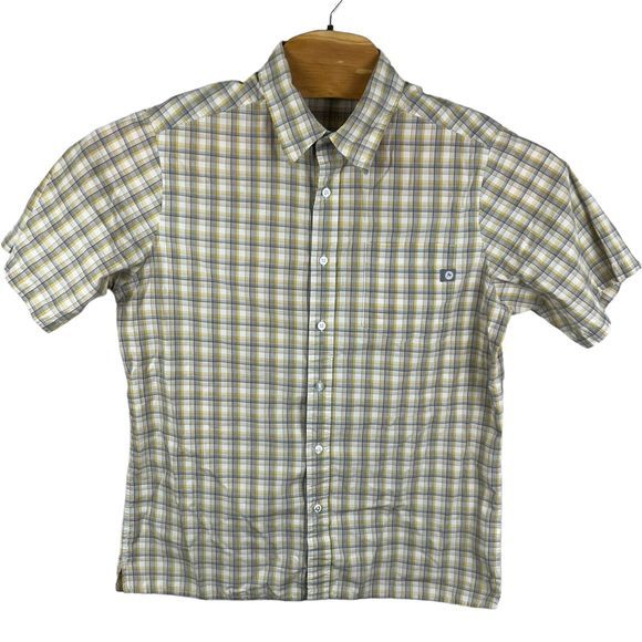 Marmot Mens Organic Cotton Gray Yellow Plaid Short Sleeve Button Up Shirt Medium - Picture 2 of 5